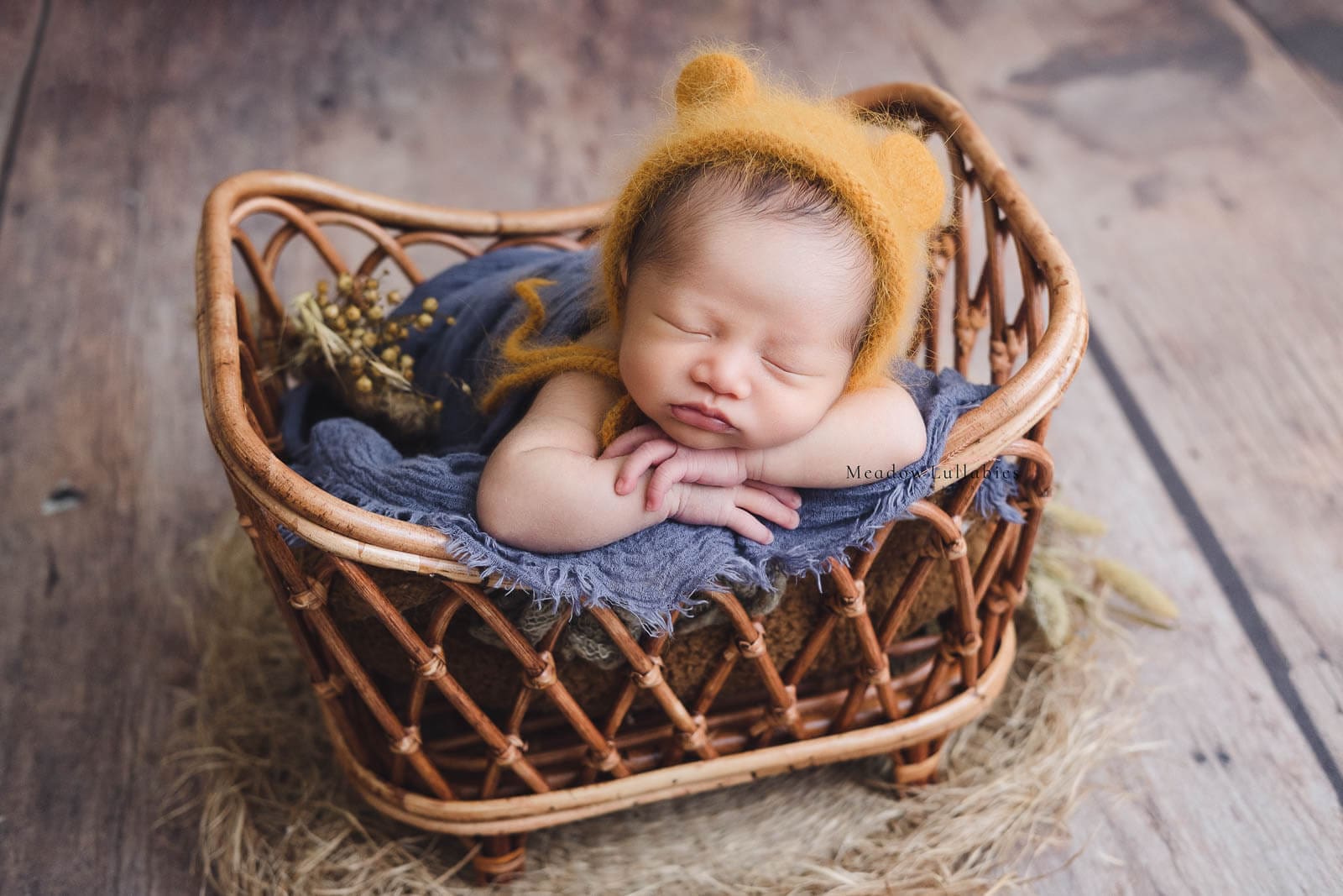 Newborn baby in rustic rattan basket with dried plants