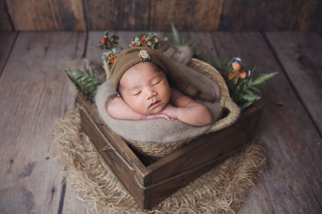 Newborn Photography Singapore | Meadow Lullabies newborn baby boy posing in wooden crate prop